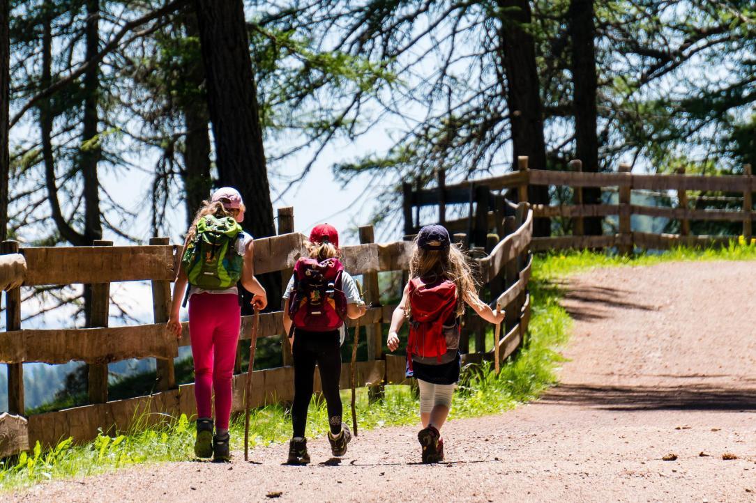 Children in hiking gear walking down a dirt trail with a wooden fence