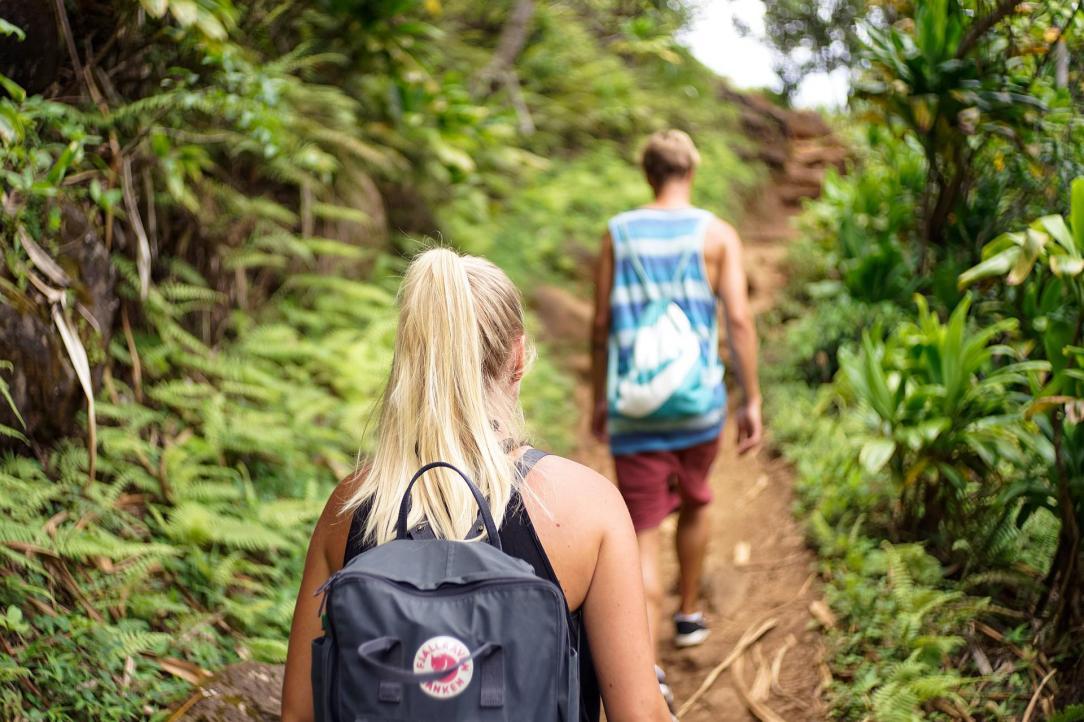 Young man and woman hiking through a thick forest trail