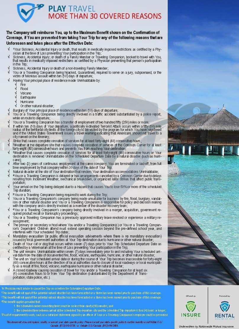 Play Travel Protection brochure page 3 explaining covered reasons